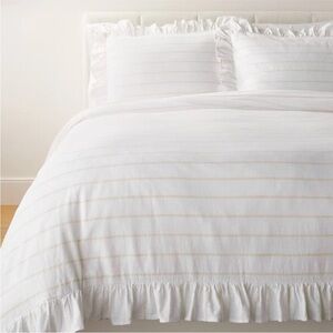 Studio McGee King Yarn Dye Stripe with Ruffle Duvet Cover & Sham Set White/Khaki